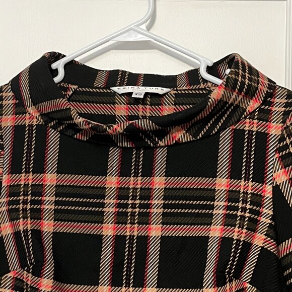 Trina Turk mock neck plaid blouse size XS 3/4 sleeve preppy dark academia fall - Picture 5 of 9